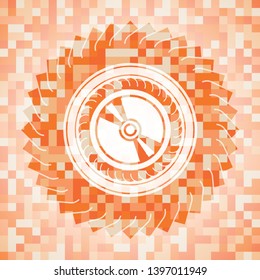 CD disc icon inside abstract orange mosaic emblem