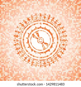 CD disc icon inside abstract emblem, orange mosaic background