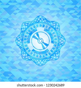 CD  disc icon inside realistic light blue mosaic emblem
