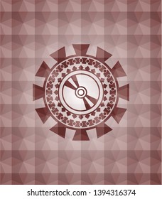 CD disc icon inside red seamless geometric badge.