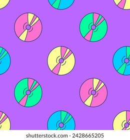 CD disk colorful seamless pattern. Vibrant neon colored 90s and Y2k background with dvd. Modern vintage aesthetic. Repeat vector illustration. Wallpaper ornament backdrop