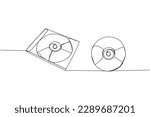 CD disk, Compact disc set one line art. Continuous line drawing of storage, multimedia, shiny, disk, vintage, dvd, pc, memory, disc, compact, record, software, audio, computer, template, digital, 90s
