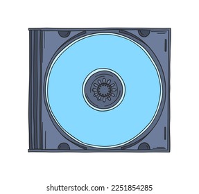 CD disk doodle. 2000s CD disk. Y2k trendy illustration. Compact disk for boombox or portable music player. Millennial childhood technology. 90s and 2000s.