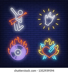 CD disk and heart on fire, hand gesture and rocker neon signs set. Rock music and entertainment design. Night bright neon sign, colorful billboard, light banner. Vector illustration in neon style.