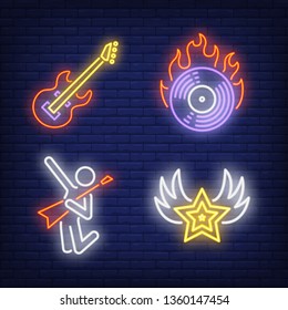 CD disk on fire, guitar and guitarist neon signs set. Rock music and entertainment design. Night bright neon sign, colorful billboard, light banner. Vector illustration in neon style.