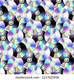 CD disk seamless pattern on white background. Laser chaotic discs in neon holographic colors repeat background. Fashion wallpaper for web design, textile prints, posters, banners.