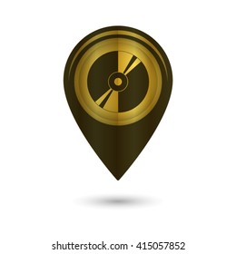 CD or DVD - black vector icon; golden  map pointer