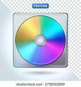 CD DVD in box. Shiny colors, 3D vector, with blue, green, yellow and purple glass material