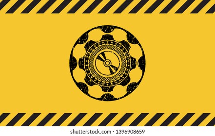 CD or DVD disc icon black grunge emblem, yellow warning sign. Vector Illustration. Detailed.