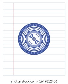 Símbolo de lápiz azul con icono de disco de CD o DVD. Ilustración vectorial. Detallado.