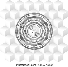 CD or DVD disc icon inside grey badge with geometric cube white background