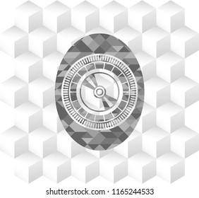 CD or DVD disc icon inside grey badge with geometric cube white background