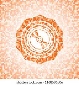 CD or DVD disc icon inside orange tile background illustration. Square geometric mosaic seamless pattern with emblem inside.