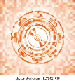 CD or DVD disc icon inside abstract emblem, orange mosaic background