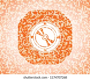 CD or DVD disc icon inside orange tile background illustration. Square geometric mosaic seamless pattern with emblem inside.