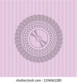 CD or DVD disc icon inside retro pink emblem