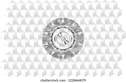 CD or DVD disc icon inside grey emblem with geometric cube white background