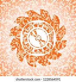 CD or DVD disc icon inside abstract emblem, orange mosaic background