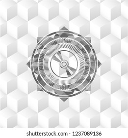 CD or DVD disc icon inside realistic grey emblem with cube white background
