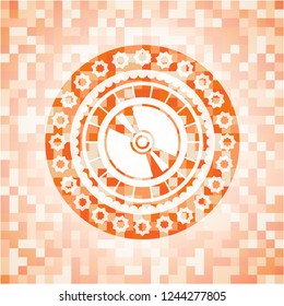CD or DVD disc icon inside abstract orange mosaic emblem with background
