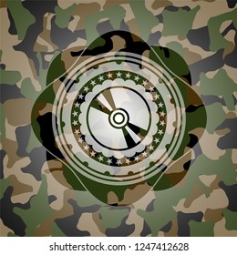CD or DVD disc icon inside camouflage emblem