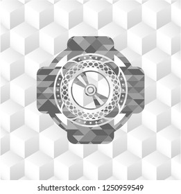 CD or DVD disc icon inside grey icon or emblem with geometric cube white background