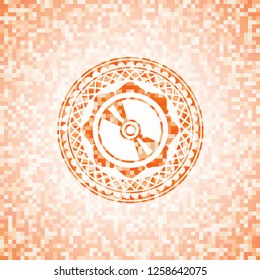 CD or DVD disc icon inside abstract emblem, orange mosaic background