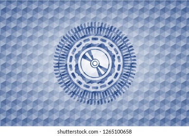 CD or DVD disc icon inside blue emblem or badge with abstract geometric pattern background.