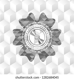 CD or DVD disc icon inside grey badge with geometric cube white background