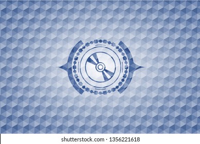 CD or DVD disc icon inside blue emblem or badge with geometric pattern background.