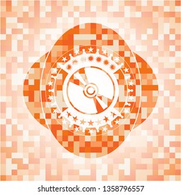 CD or DVD disc icon inside abstract orange mosaic emblem with background