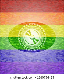 CD or DVD disc icon inside emblem on mosaic background with the colors of the LGBT flag