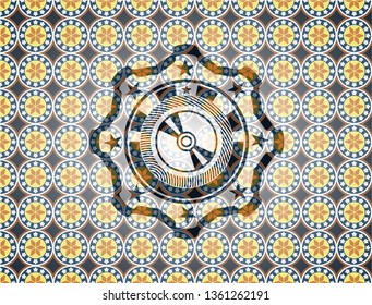 CD or DVD disc icon inside arabic badge background. Arabesque decoration.
