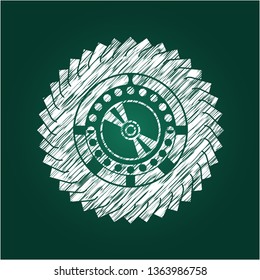 CD or DVD disc icon inside chalkboard emblem