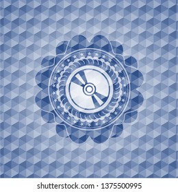 CD or DVD disc icon inside blue emblem or badge with abstract geometric polygonal pattern background.