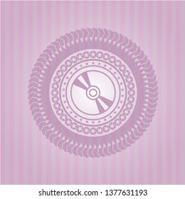 CD or DVD disc icon inside pink emblem. Retro