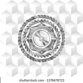 CD or DVD disc icon inside grey emblem. Vintage with geometric cube white background