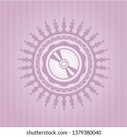 CD or DVD disc icon inside pink emblem. Vintage.