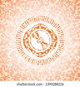 CD or DVD disc icon inside abstract emblem, orange mosaic background