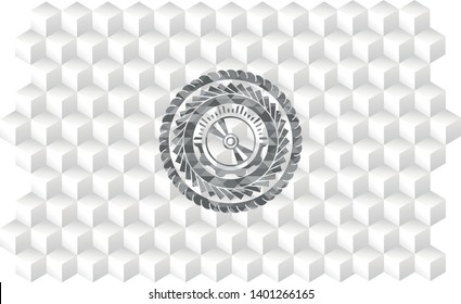 CD or DVD disc icon inside realistic grey emblem with cube white background