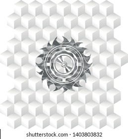 CD or DVD disc icon inside realistic grey emblem with cube white background