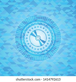 CD or DVD disc icon inside realistic sky blue emblem. Mosaic background