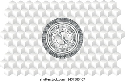 CD or DVD disc icon inside grey icon or emblem with geometric cube white background
