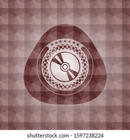 CD or DVD disc icon inside red emblem or badge with abstract geometric polygonal pattern background. Seamless.