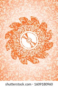 CD or DVD disc icon inside orange tile background illustration. Square geometric mosaic seamless pattern with emblem inside.