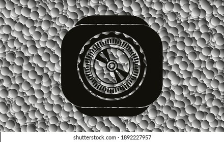 CD or DVD disc icon inside dark badge with grey bubbles background. Vector Illustration. Detailed. 