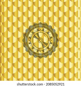 CD or DVD disc icon inside gold emblem or badge. Scales pattern. Vector Illustration. Detailed. 
