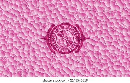 CD or DVD disc icon inside realistic pink emblem with bubbles background. Vector Illustration. Detailed. 
