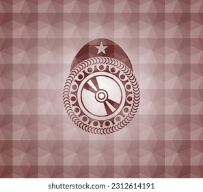 CD or DVD disc icon inside red badge with geometric pattern background. Seamless. 