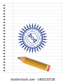 CD or DVD disc icon pen draw. Blue ink. Vector Illustration. Detailed.
